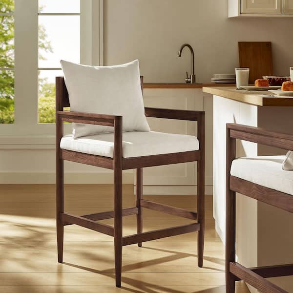 MODWAY Remington 26 in. Counter Height Stool in Salt Counter Wood Kitchen Island Chair with Back, Armrests and Cushion