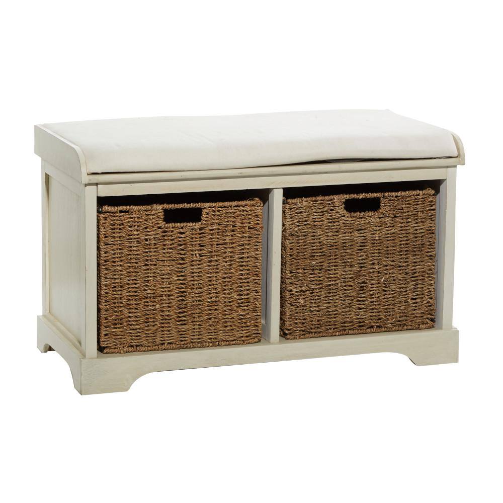Elegant White Linen Cushioned Storage Bench with Wicker Baskets