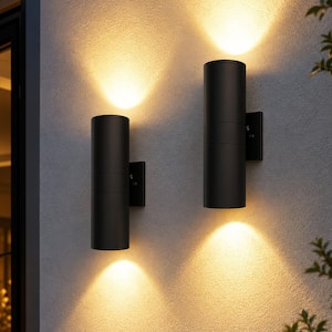 2-Pack 12 in. 1-Light Black Up and Down LED Outdoor Wall Light, 3000K Dusk-to-Dawn Sconce