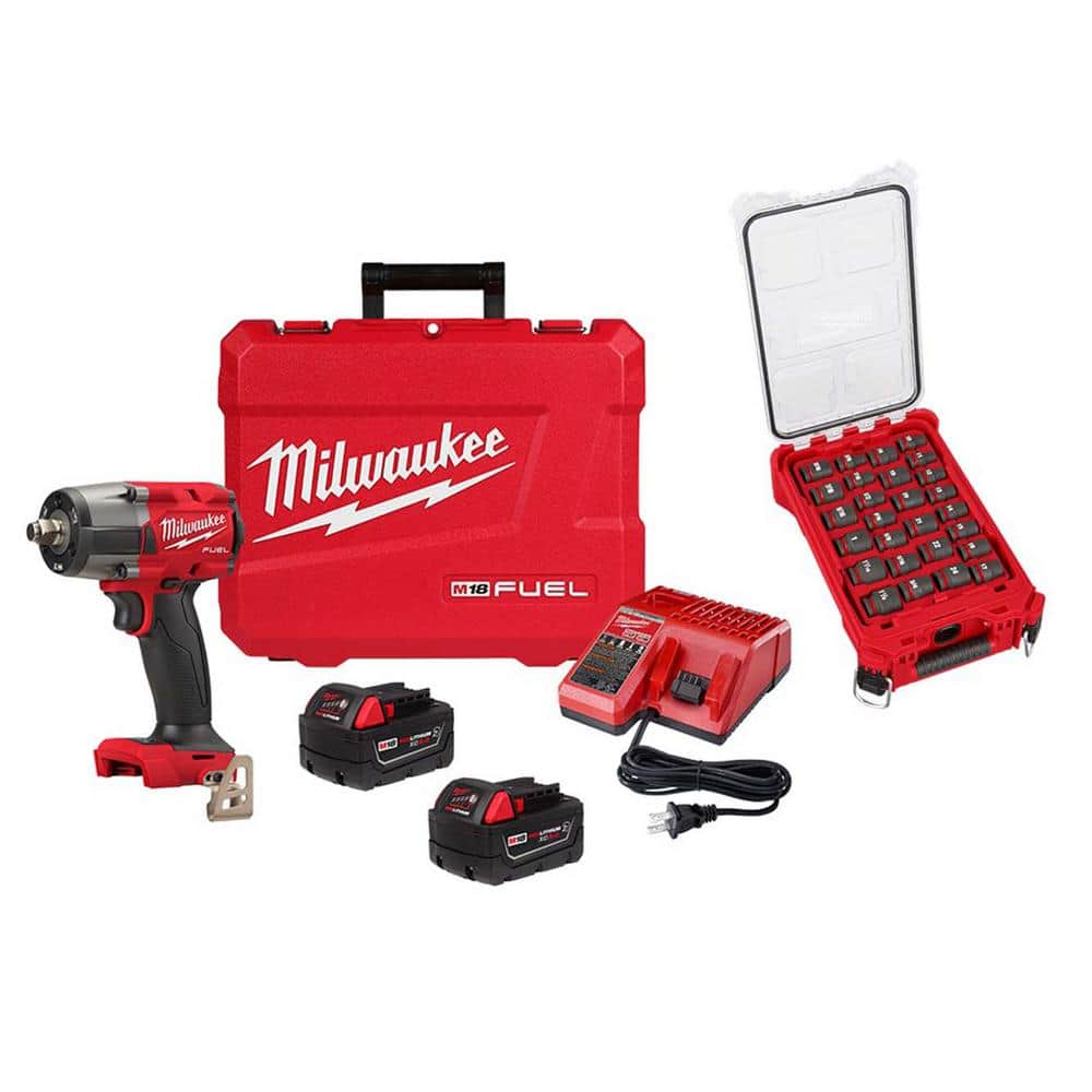 M18 FUEL 18V Lithium-Ion Brushless Cordless 1/2 in. Mid-Torque Impact Wrench with Friction Ring Kit & Impact Socket Set -  Milwaukee, 2962-22R-6804