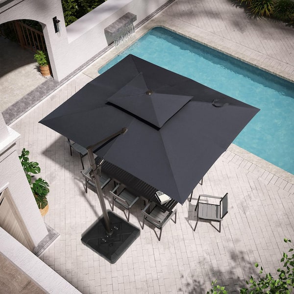 Pellebant 10.5 ft. x 9 ft. Rectangular Double Top 360° Swivel Cantilever Aluminum Patio Umbrella in Black with Umbrella Stand