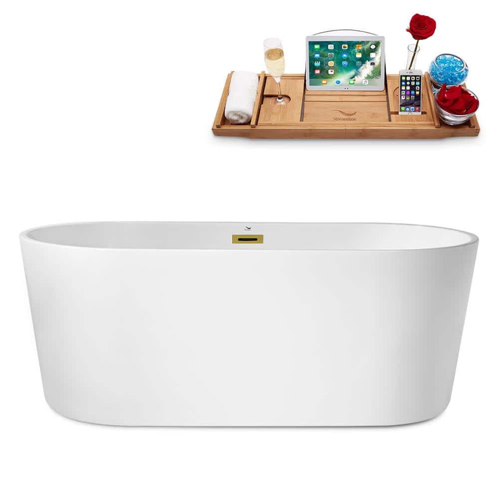 Streamline 62 in. Acrylic Flatbottom Non-Whirlpool Bathtub in Glossy White with Polished Gold Drain and Overflow Cover, Glossy White Exterior/ Polished Gold Hardware Trim -  N2180GLD