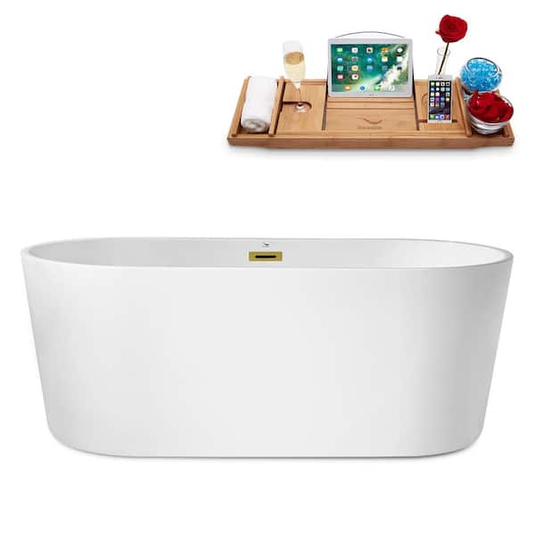 Streamline 62 in. Acrylic Flatbottom Non-Whirlpool Bathtub in Glossy White with Polished Gold Drain and Overflow Cover