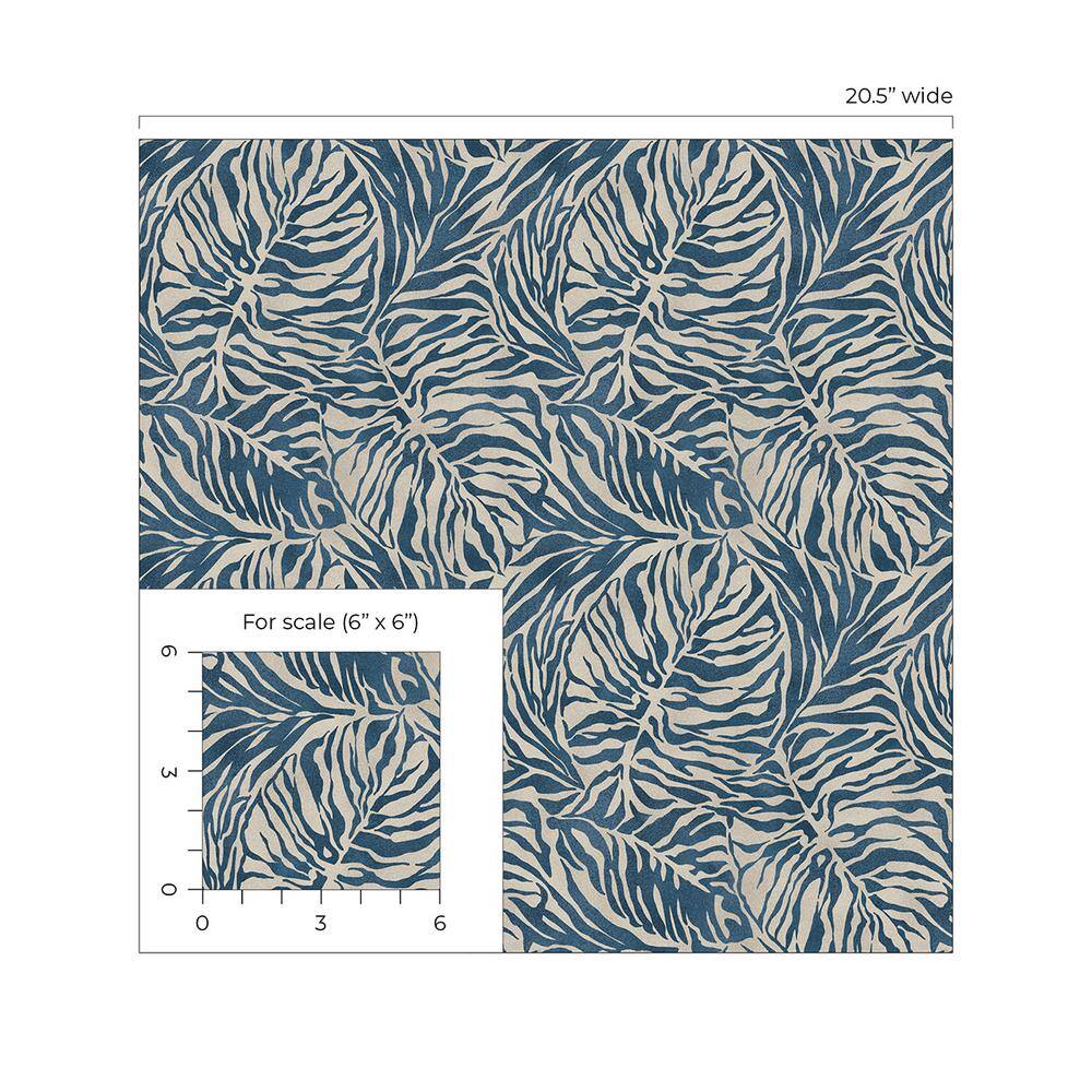 Indigo Blue Tropical Zebra Leaf Peel and Stick Wallpaper Roll