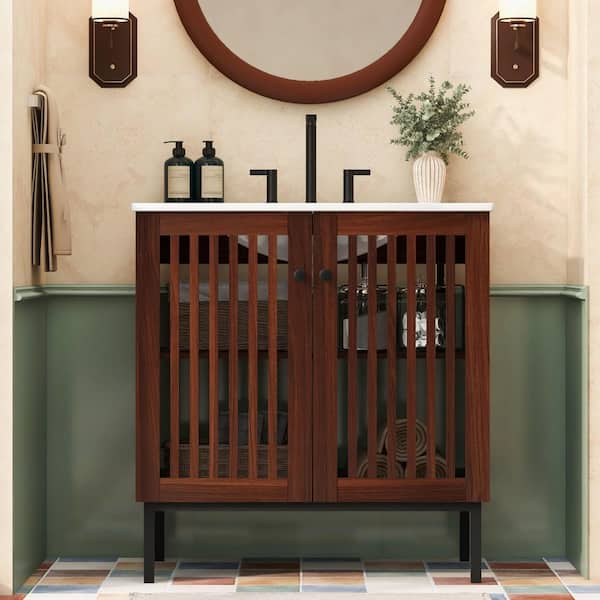 30 in. Single Sink Freestanding Dark Brown Bath Vanity with White Ceramic Top and Fence-Design Door Cabinet Unassembled