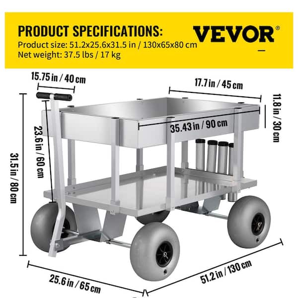 VEVOR Beach Fishing Cart Foldable Fishing Trolley 136 kg with Balloon Tires