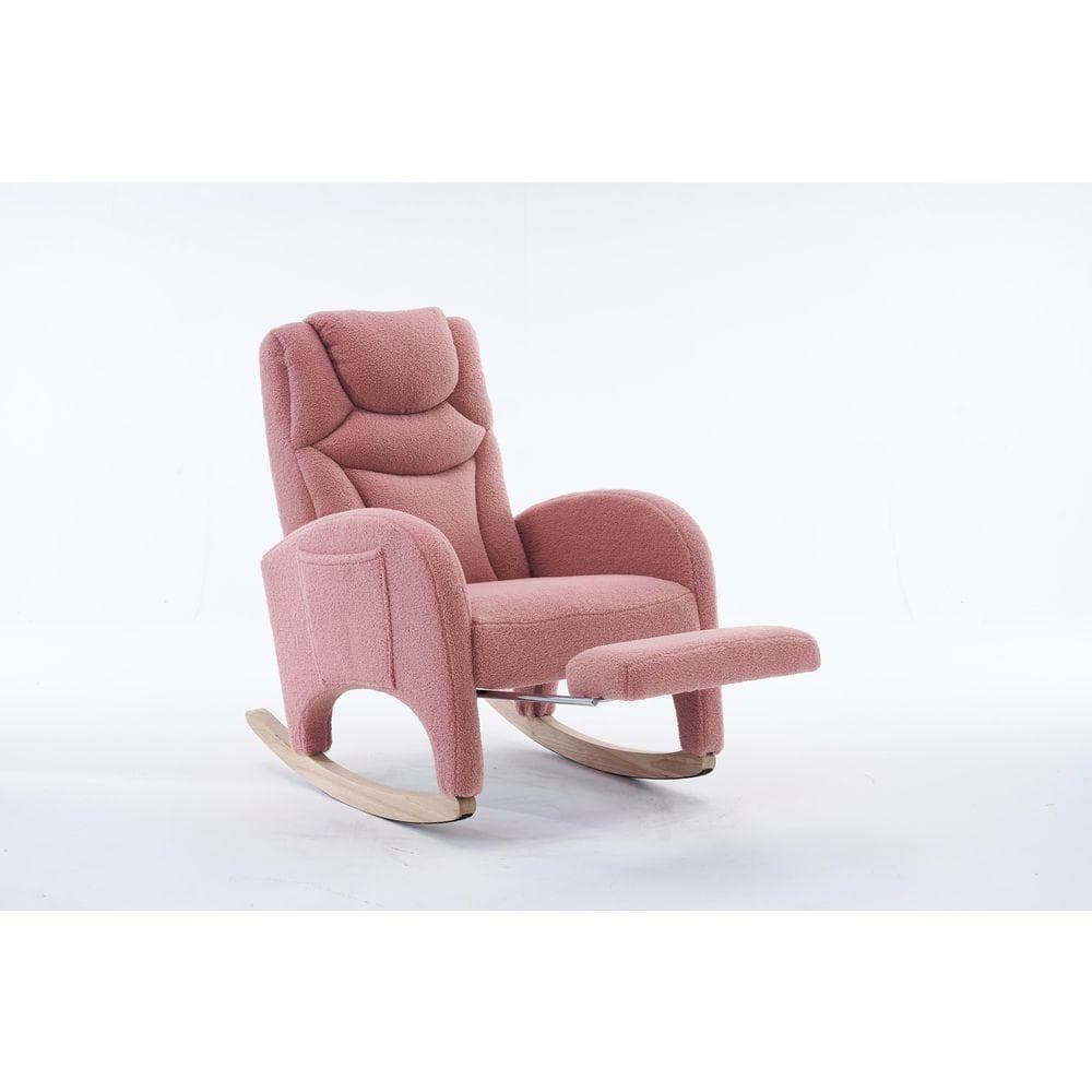 Brown Wood Outdoor Rocking Chair with Pink Cushion, High Backrest