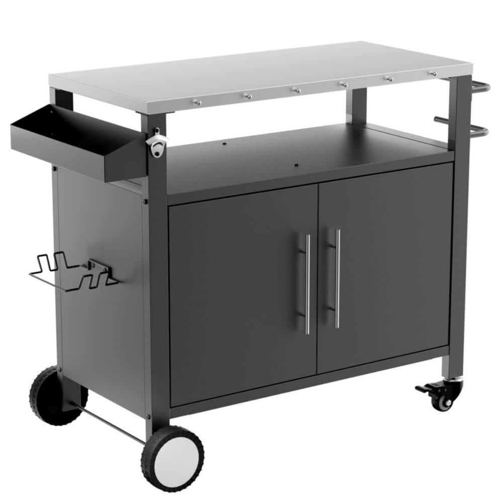 38 in. Outdoor Grill Table in Black and Silver, Grill Cart with Hooks, Spice Rack ,Wheels and Cabinet price history on PriceWatchPro