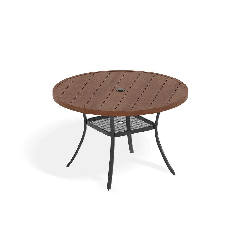 47.2 in. Round Tabletop Metal Outdoor Dining Table, Patio Table with Umbrella Hole for Garden Backyard, Walnut