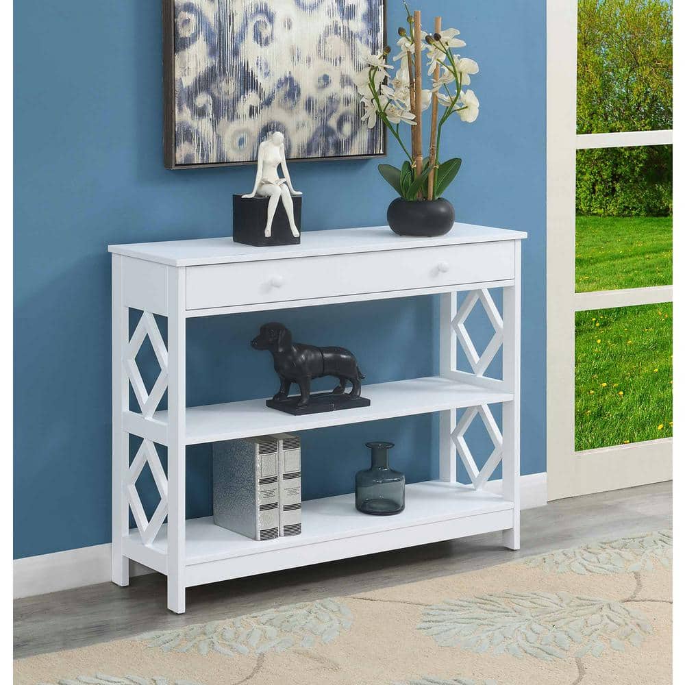 White Diamond Cutout 1-Drawer Console Table with Shelves