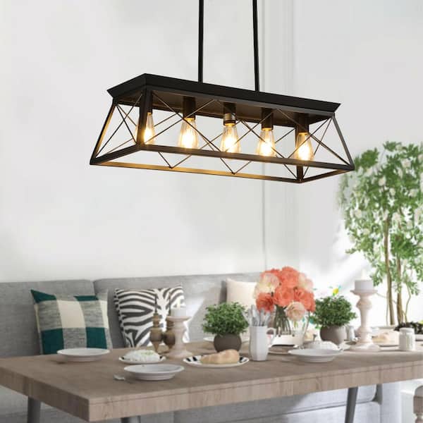 5-Light Farmhouse Chandeliers Pendant for Dining Room in Black, Metal Rustic Island Light Fixture