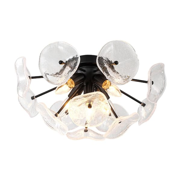 16.1 in. Modern Cluster Matte Black 5-Light Flush Mount Ceiling Light with Bubble Glass Petal Shades for Dining Room