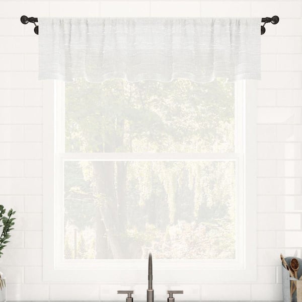 Aya Textured Slub Stripe Linen Blend 52 in. W x 14 in. L Sheer Rod Pocket Kitchen Curtain Valance in White