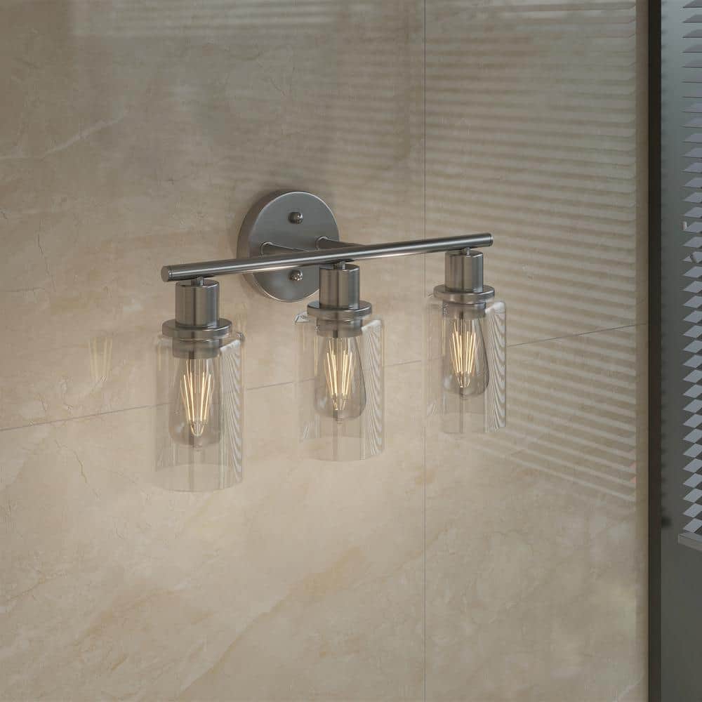 Brushed Nickel 3-Light Modern Bathroom Vanity Light with Clear Glass Shades