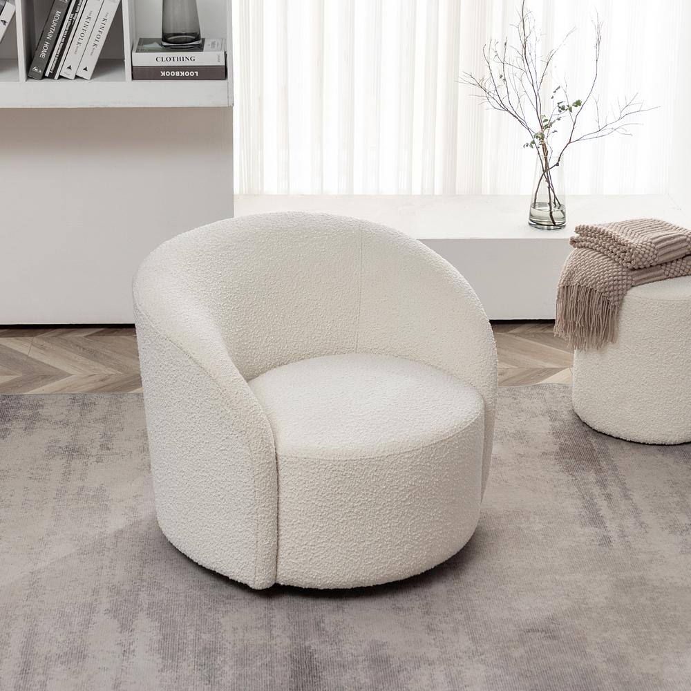 Cream Upholstered Swivel Barrel Accent Chair with Wood Frame