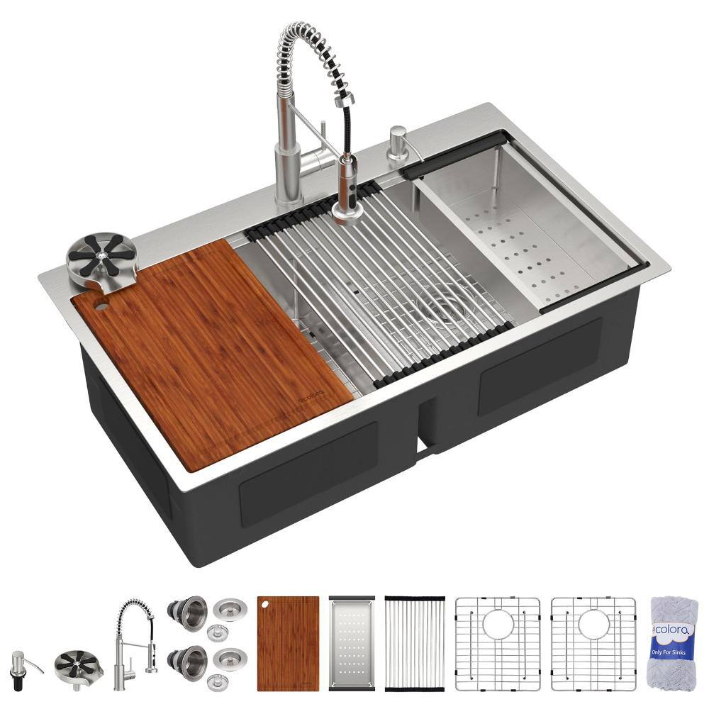 "33"" Drop-In Workstation Kitchen Sink Set 50/50 Double Bowl Stainless Steel All in One Set with Faucet and Cup Washer" price history on PriceWatchPro