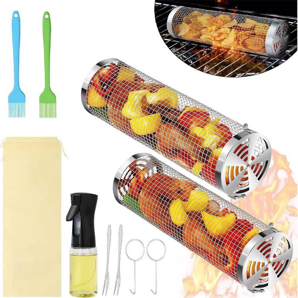 2-Pack Stainless Steel Rolling Grill Baskets with Accessories
