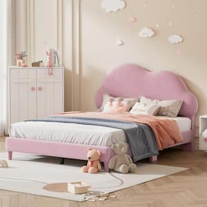Pink Wood Frame Full Size Soft Velvet Upholstered Platform Bed with Cloud-Shape Headboard