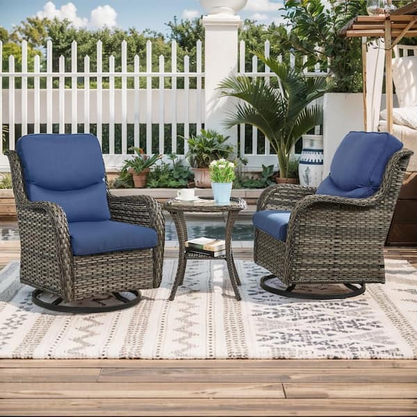 Crescent 3-Piece Gray Wicker Swivel Outdoor Rocking Chairs Patio Conversation Set with CushionGuard Blue Cushions
