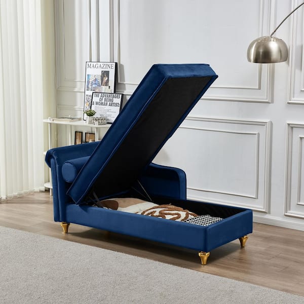 60.6 in. Navy Blue wood Frame Modern Velvet Bench, Chaise Lounge Chair with Hidden Storage and Gold Metal Legs