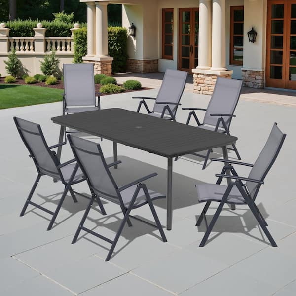 7-Piece 82 in. Black Aluminum Wood-Like Curved Edges Outdoor Patio Dining Set, Gray Adjustable Backrest Metal Chair
