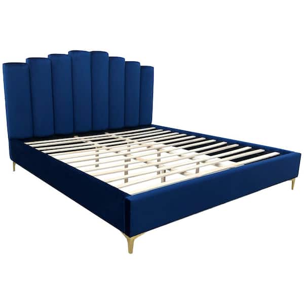 Best Master Furniture Barrington Blue Velvet California King Platform Bed with Gold Legs