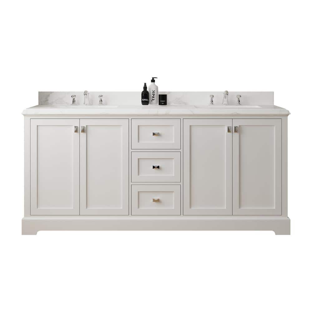 72'' White Plywood Double Bathroom Vanity with Marble Top