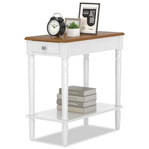 2-tier 24 in. White plus Brown Rectangle Wooden End Side Narrow Table Nightstand W/Drawer for Living Room Bedroom