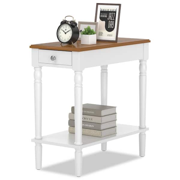 Costway 2-tier 24 in. White plus Brown Rectangle Wooden End Side Narrow Table Nightstand W/Drawer for Living Room Bedroom