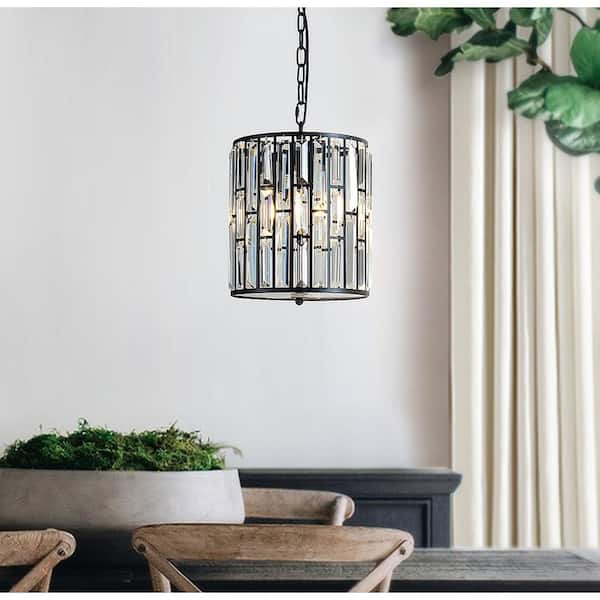 ALOA DECOR 10 in. 3-Light Modern Farmhouse Matte Black Lantern Drum Chandeliers Pendant Ceiling lighting with Clear Crystals