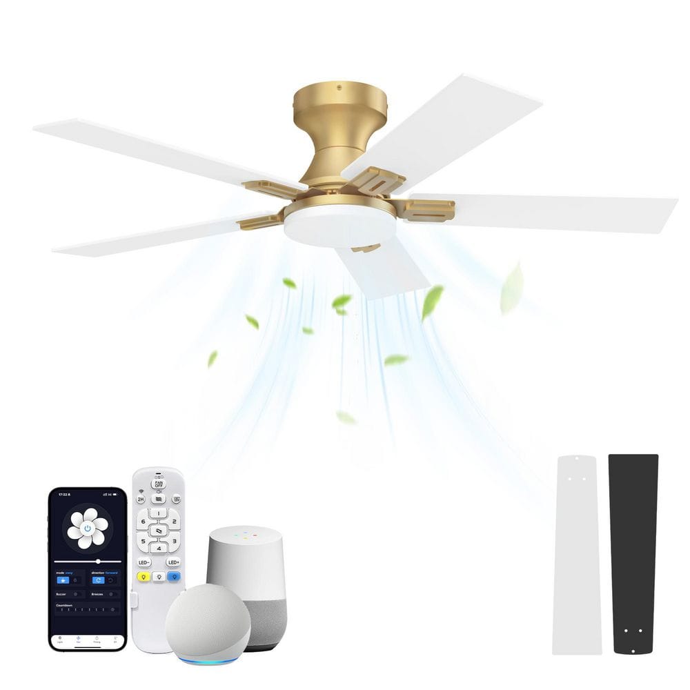 42 in. Gold Low Profile Flush Mount Outdoor Indoor Ceiling Fan with LED Light,Remote/App/Alexa Google DC Motor, 6 speeds