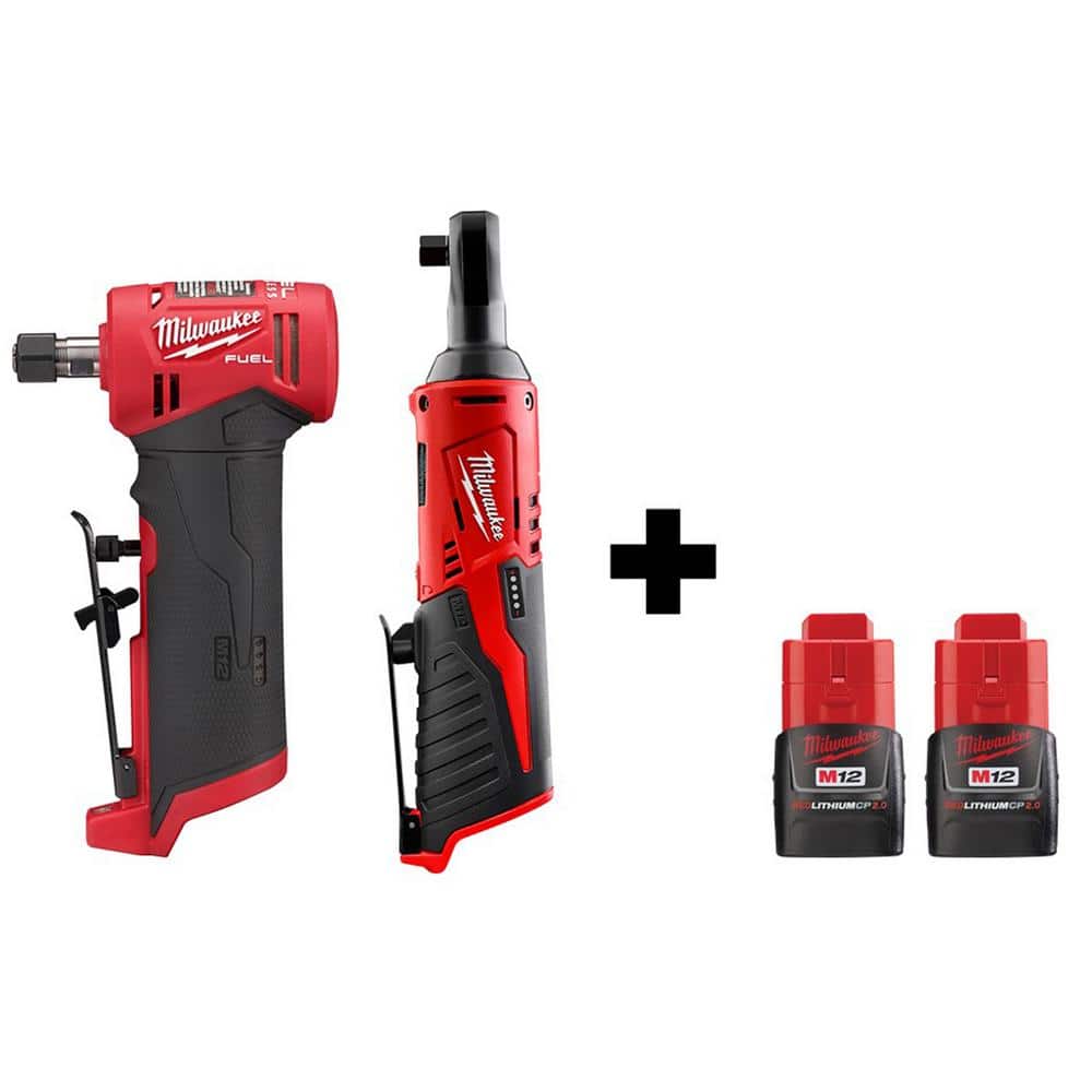 Milwaukee M12 FUEL 12V Lithium-Ion Brushless Cordless 1/4 in. Right Angle Die Grinder and 3/8 in. Ratchet with 2 Batteries -  2485-20-2448X2