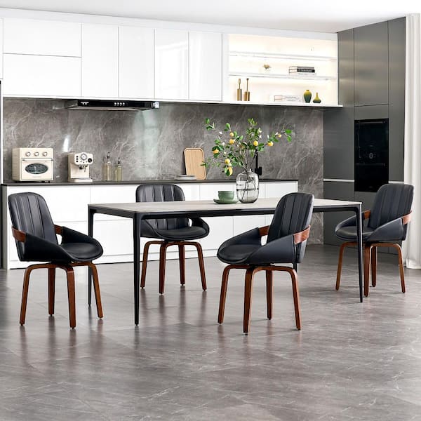 Black Faux Leather Upholstered Tufted Wood Swivel Dining Side Chairs (Set of 4)
