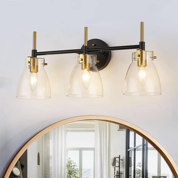 Y'INSP Nova Glow 21.7 in. 3-Light Industrial Black Golden Bathroom Vanity Light with Clear Glass Shades