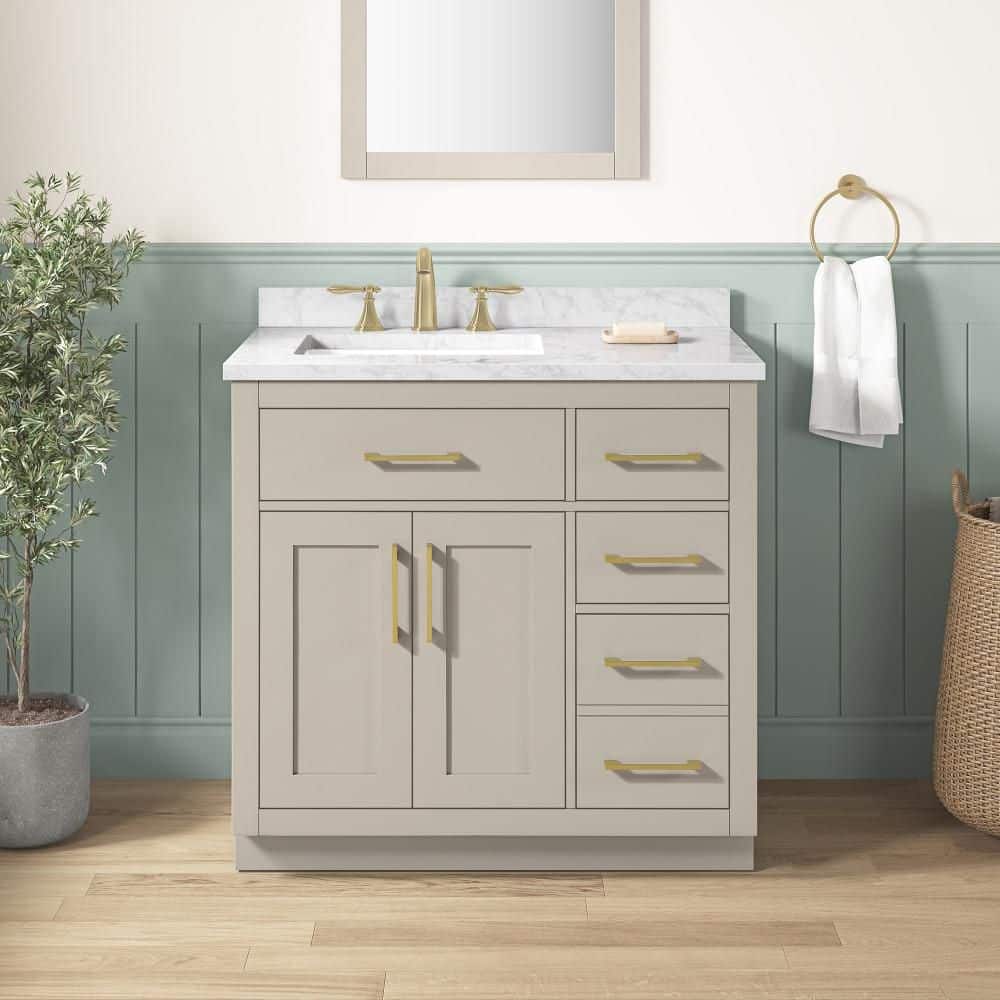 Athea 36 in. Freestanding Greige Bath Vanity with White Engineered Marble Top, Power Bar and Brushed Gold Hardware price history on PriceWatchPro