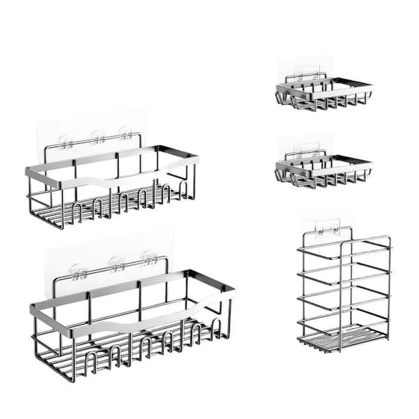 5-Pack Stainless Steel Shower Caddy, No Drill Adhesive Bath Organizer, Large Capacity Spacious Shower Shelves, Silver
