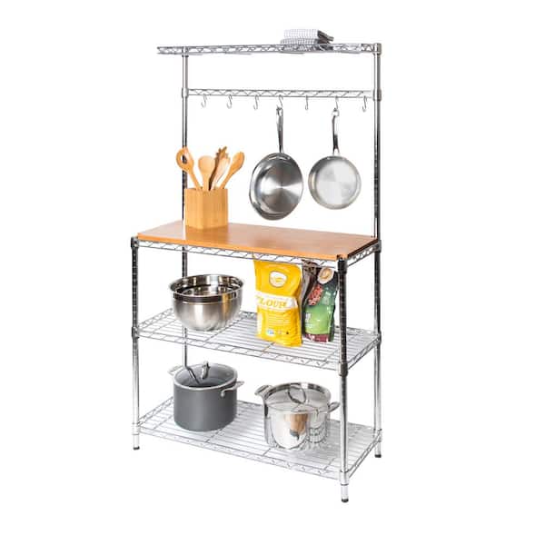 Seville Classics 36 in W x 14 in D x 63 in H, Steel Baker's Rack with Solid Wood Top