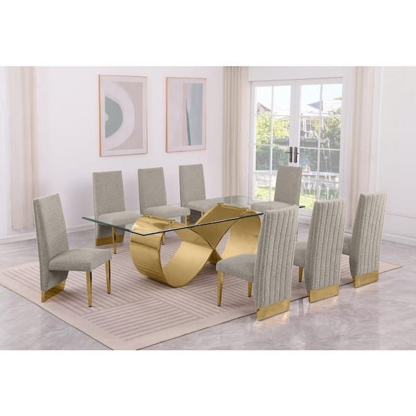 Best Quality Furniture Celia 9-Piece Clear Tempered Glass Top with Gold Stainless Steel Base Dining Set with 8 Grey Chairs