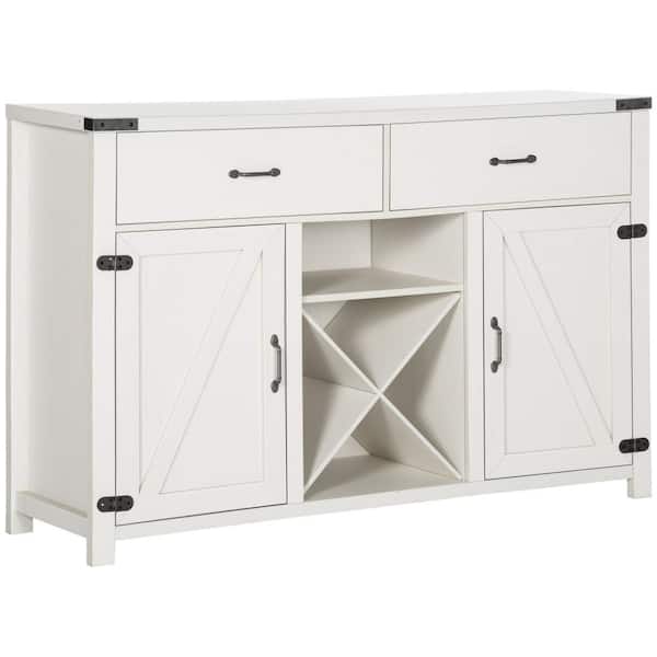 HOMCOM Farmhouse Antique White Particle Board 55 in. W Buffet Sideboard with 2-Large Drawers and an X-Shaped Wine Rack