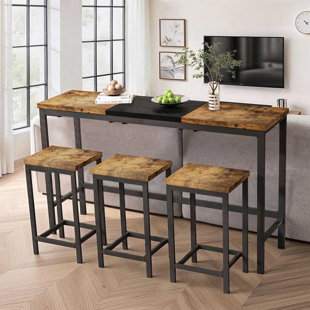 Black 4-Piece MDF and Metal Outdoor Dining Set, Modern Long Dining Table Se