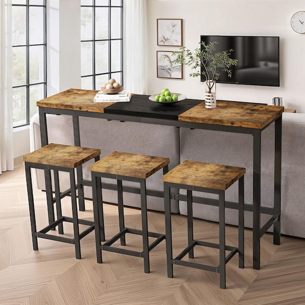 Unbranded Black 4-Piece MDF and Metal Outdoor Dining Set, Modern Long Dining Table Set with 3 Stools for Dining Room