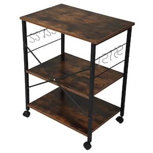 Wood Kitchen Cart with 3-Tier Storage Space, Movable Microwave Stand with 10 Hooks in Brown