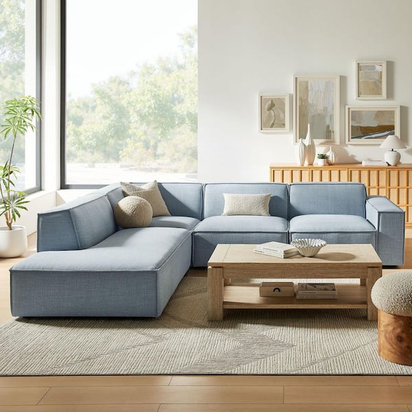Restore Performance Fabric Upholstered 4-Piece Modular L-Shaped Sofa in Sky