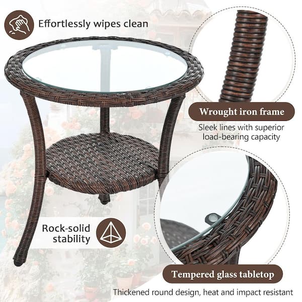 3-Piece Wicker Outdoor Bistro Set with a Glass Table and 2 Single Chairs in Brown with Gray Cushions for Garden