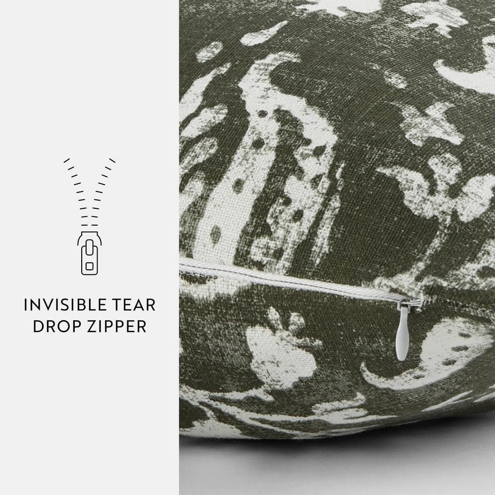 Olive Green Cotton Square Throw Pillow with Floral Pattern