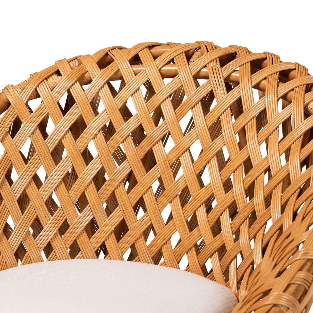 Handcrafted Natural Rattan Bohemian Accent Chair with White Cushion