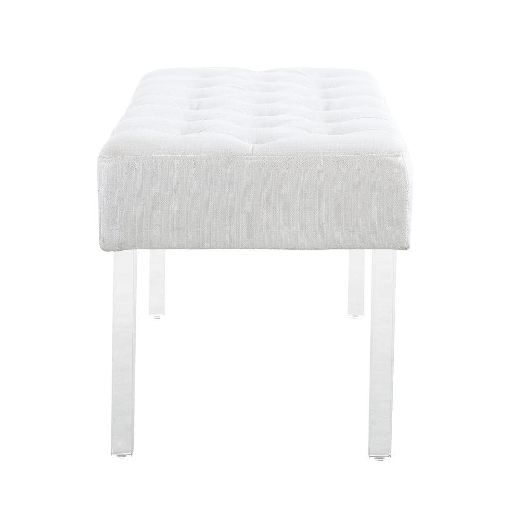 Ella White Tufted Linen Bench with Acrylic Legs