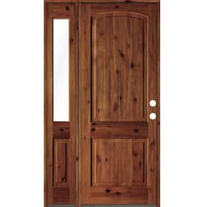 50 in. x 96 in. Rustic knotty alder Left-Hand/Inswing Clear Glass Red Chestnut Stain Wood Prehung Front Door w/Sidelite
