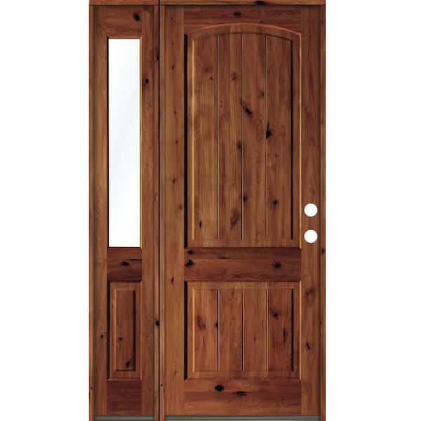Krosswood Doors 50 in. x 96 in. Rustic knotty alder Left-Hand/Inswing Clear Glass Red Chestnut Stain Wood Prehung Front Door w/Sidelite