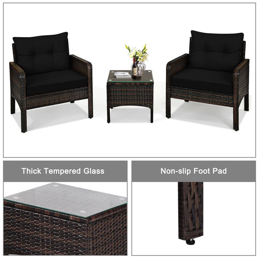 Black 3-Piece Rattan Outdoor Patio Conversation Set